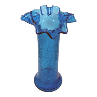 Blenko-Style Ruffle Top Crackle Vase For Sale