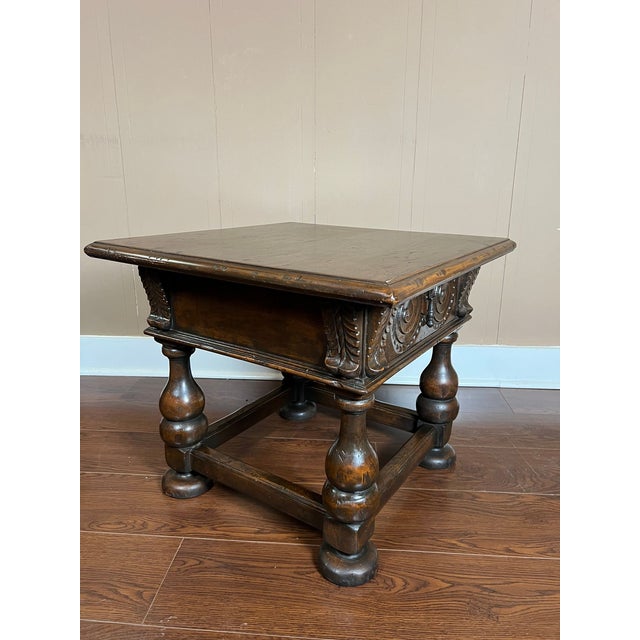 Antique English Side End Table Small Square Carved Oak Jacobean Revival C1910 For Sale - Image 13 of 18