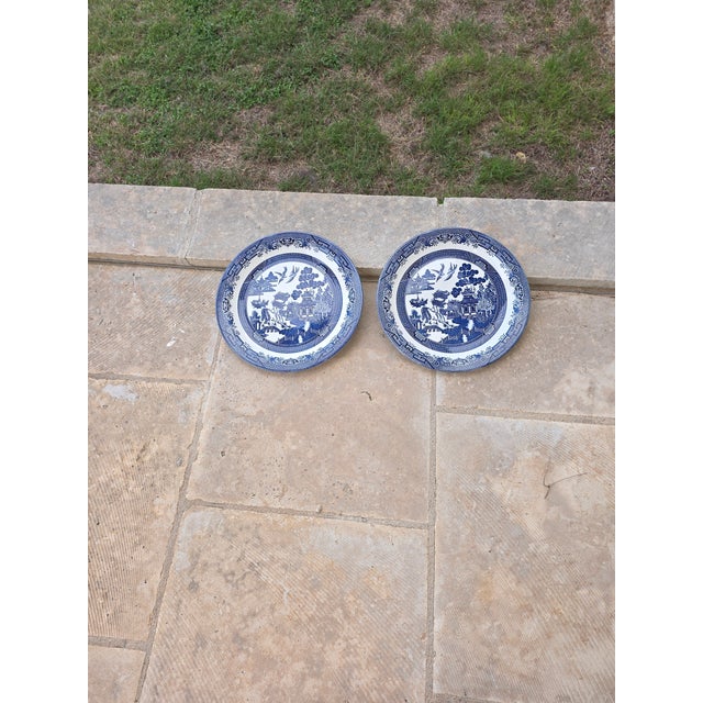 Ceramic Pair of Blue and White Chargers Blue Willow Platters For Sale - Image 7 of 7
