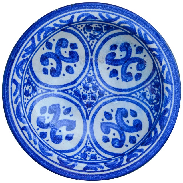 Handcrafted ceramic plate with an elaborate hand-painted Moorish pattern in blue and white. Made in Fez, Morocco. No...