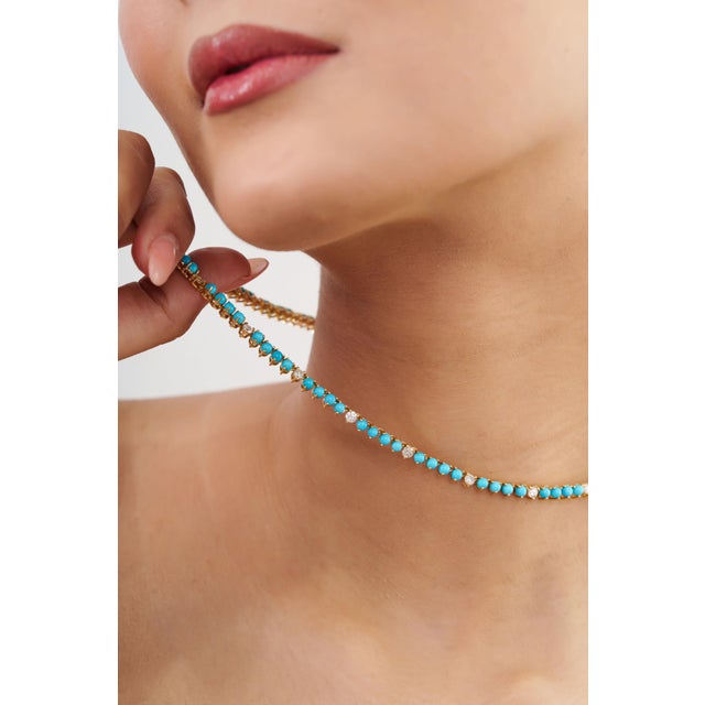 Turquoise 18k Yellow Gold 13.8ct Round Sleeping Beauty Turquoise & Diamond Tennis Necklace For Sale - Image 8 of 17