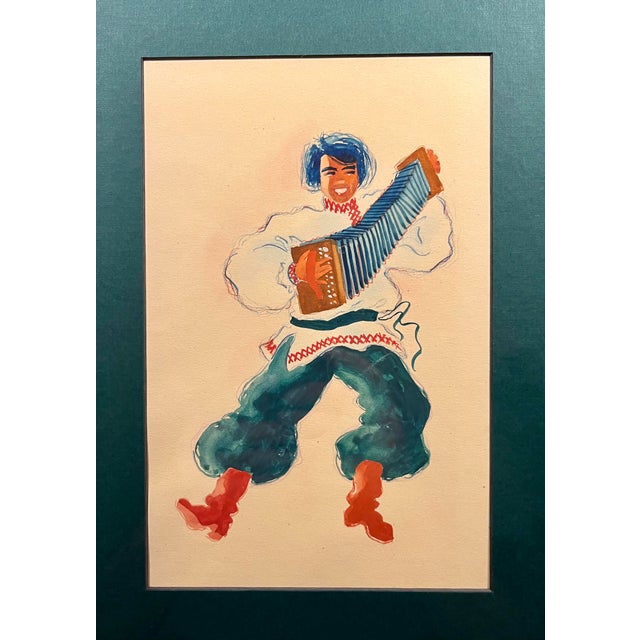Original 1946 Folklore Dancers Paintings Watercolor & Gouache Signed at the back - Pair For Sale - Image 10 of 15