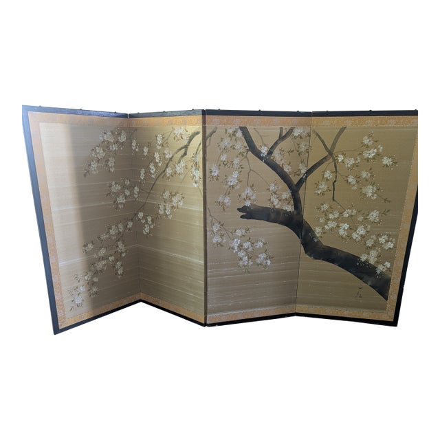 Japanese Four-Panel Screen Cherry Blossoms on Silk For Sale