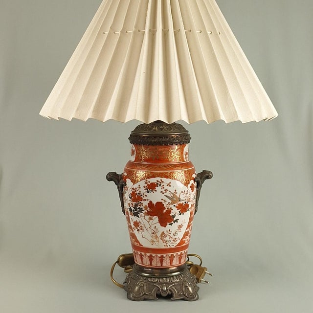 Antique Japanese Kutani porcelain vase table lamp,19thC Height of the lamp 62 cm,diam. of the shade 45 cm European Plug...