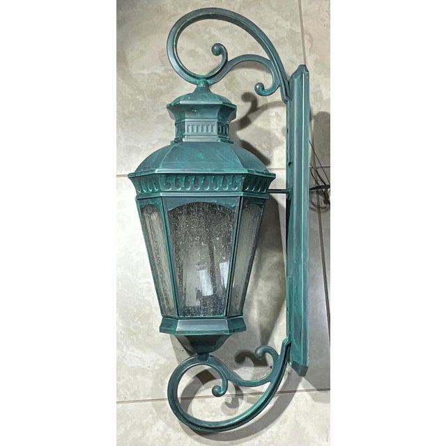 2020s Monumental Coach Style Brass & Bronze Wall Lantern With Verdigris Finish . For Sale - Image 5 of 15