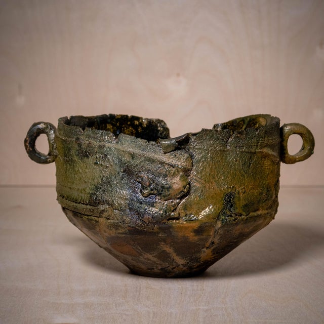 Bronze Vintage Brutalist Hand-Formed Bronze Raku Ceramic Handled Vessel With Drain Hole For Sale - Image 8 of 12