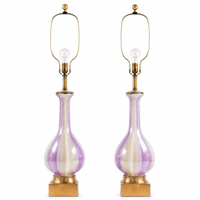 1960s Mid-Century Modern Italian Blown Glass Table Lamps With Giltwood Bases, Pair For Sale - Image 5 of 5