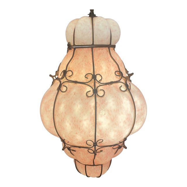 Mid 20th Century Mid Century Modern Italian Mottled Pink Cased Glass Caged Pendant Light Lantern For Sale