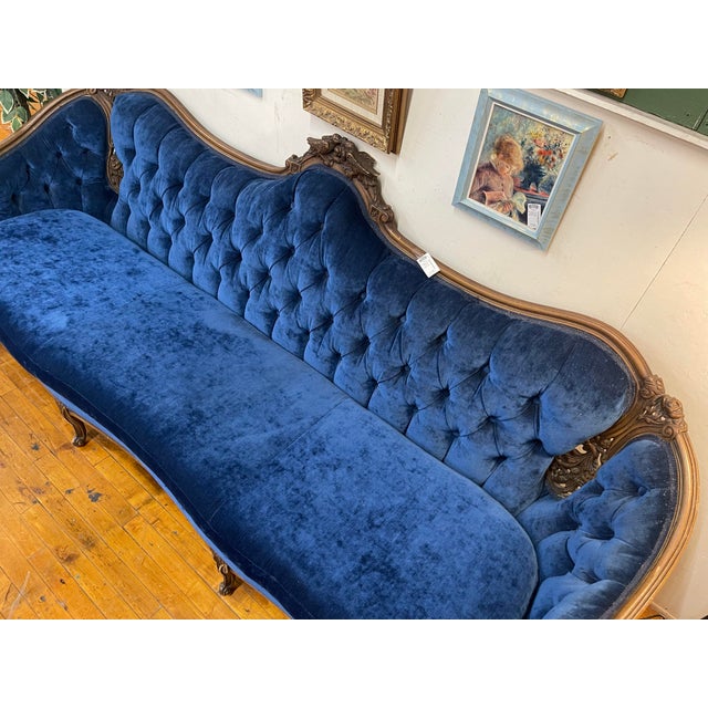 Victorian Antique Victorian Tufted Blue Velvet Sofa With Carved Wood Crest For Sale - Image 3 of 3