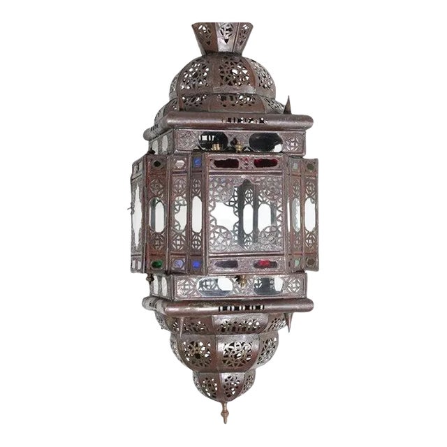 Vintage Moroccan Handcrafted Lantern Ceiling Light With Multi-Color Glass For Sale