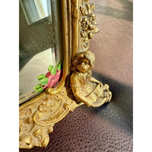 Metal Antique Italian Rococo-Style Table Mirror With Gilded Metal Frame, Featuring Putti (Cherubs) Decor and Floral Painting For Sale - Image 7 of 13