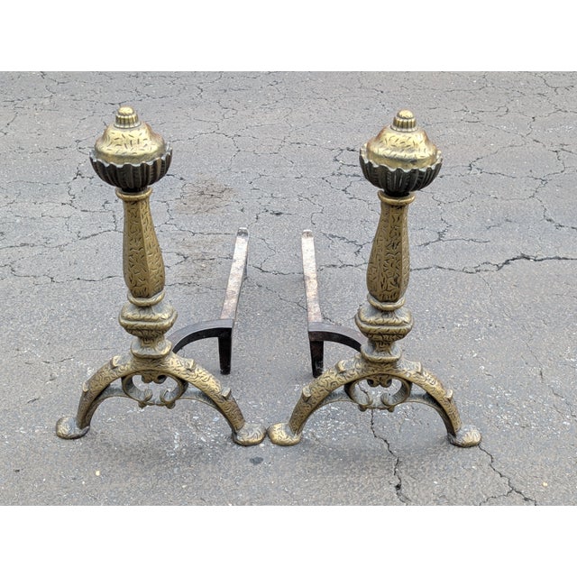 Elevate your hearth with this captivating pair of vintage Federal style brass fireplace andirons, a striking expression of...
