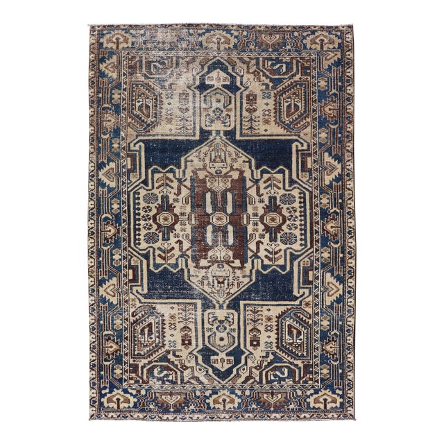 Persian Antique Hamadan Rug in Blue With a Medallion and Geometric Design 4'4 X 6'9 For Sale