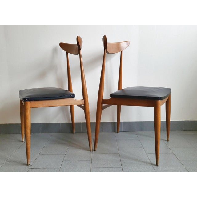 1960s Vintage Scandinavian Chairs in Beech and Black Skai, 1960s, Set of 4 For Sale - Image 5 of 17