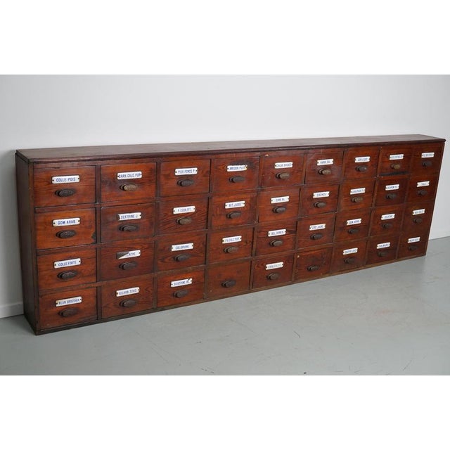 Large Belgian Pitch Pine Apothecary Cabinet with Enamel Shields, 1900s For Sale - Image 14 of 18
