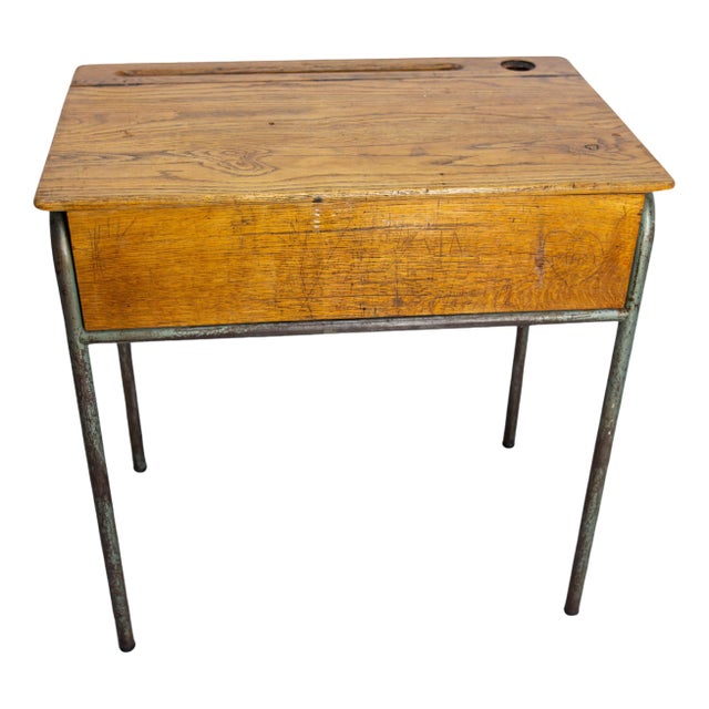 Mid 20th Century Student Oak & Iron Writing Table Slant Top Desk, France, 1950s For Sale