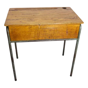 Mid 20th Century Student Oak & Iron Writing Table Slant Top Desk, France, 1950s