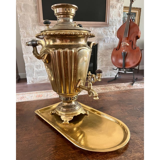 Traditional Antique Early 1900s Russian Brass Samovar and Tray For Sale - Image 3 of 13