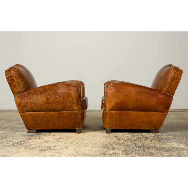 1930s French Art Deco Scalloped Back Cognac Leather Club Chairs, Pair For Sale - Image 15 of 18