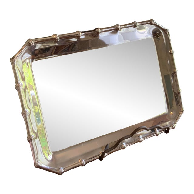 Vintage Farberware Stainless Steel Bamboo‑Trim Serving Tray — Chinoiserie • Palm Beach Regency • Hollywood Regency or Vintage Barware For Sale