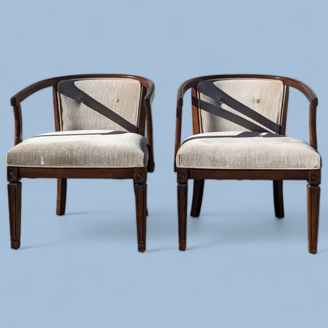 Brown Pair of Vintage Curved Wood and Upholstered Barrel Armchairs For Sale - Image 8 of 14