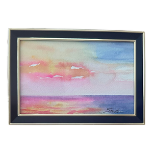 Miniature Framed Seascape Signed Original Watercolor “Sunset Glow” by Nancy Smith