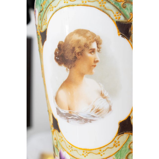 Antique Victorian Bristol - Glass Vase Hand Painted Portrait & Floral Design For Sale - Image 4 of 7