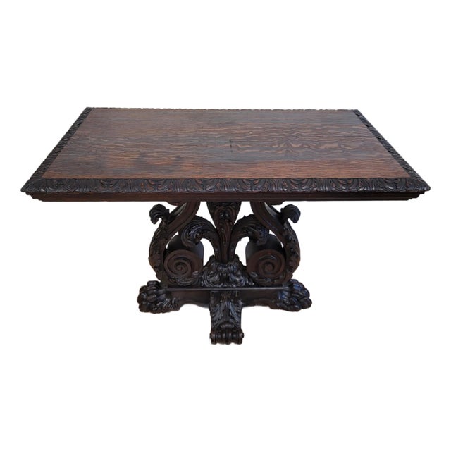 Antique American Carved Oak "Fleur-De-Lis" Base Renaissance Library Center Table For Sale