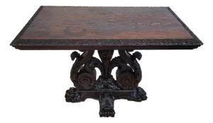 Antique American Carved Oak "Fleur-De-Lis" Base Renaissance Library Center Table