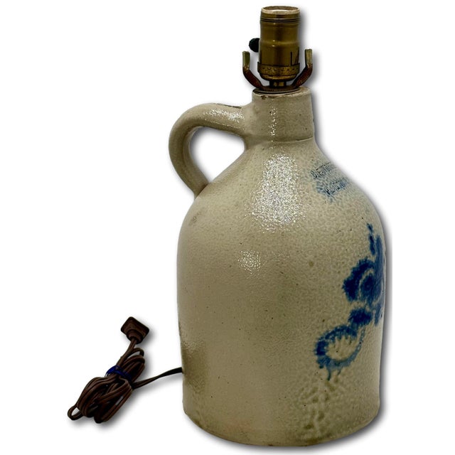 Blue Antique 1870s American Peabody Massachusetts Blue Decorated 1 Gallon Stoneware Jug - Table Lamp Base Conversion For Sale - Image 8 of 18