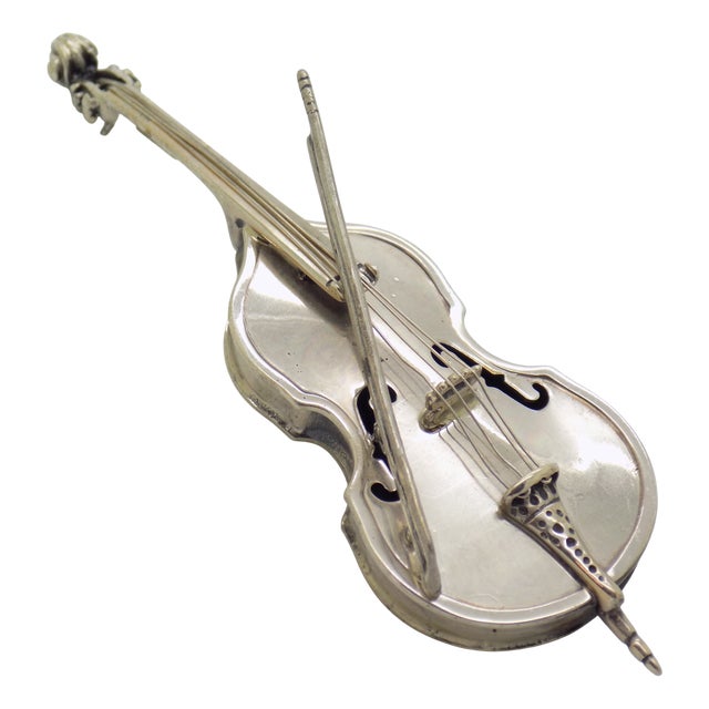Large Vintage Italian Handmade Silver Violin and Bow Figurine with Stand from Angini, Arezzo, Italy, 1980s For Sale