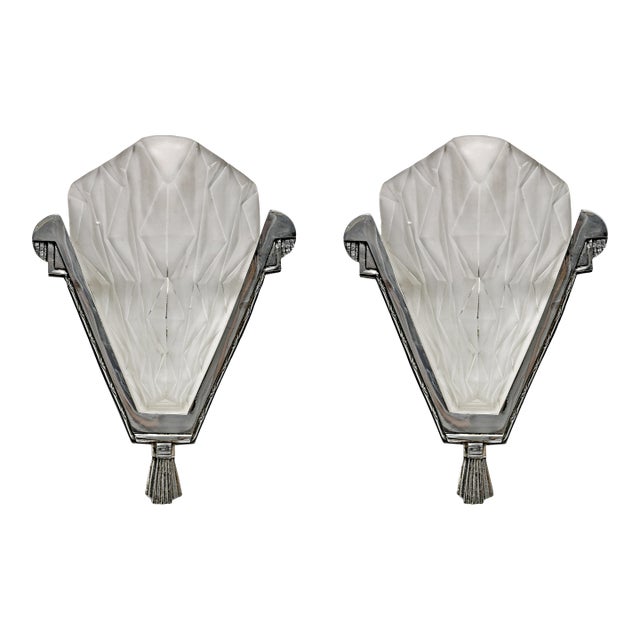 1930s French Art Deco Geometric Slip Shade Wall Sconces by Degue - A Pair For Sale