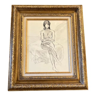 1970’s Original Vintage Abstract Expressionist Female Nude Ink Drawing Chunky Gold Frame For Sale