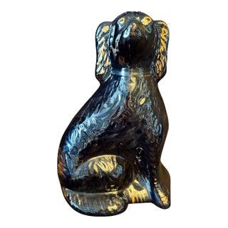 19th-Century Black Jackfield Staffordshire Spaniel Figurine Featuring a Glossy Black Glaze and Gilded Rare Large For Sale