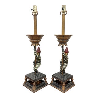 Vintage Polychrome Jester Table Lamps - Pair For Sale