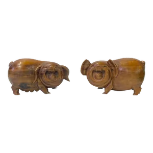 Chinese Pair Natural Wood Carved FengShui Happy Face Piggy Figures
