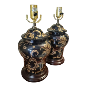Vintage Black Brown Small Ceramic Ginger Jar Leaf Design Table Lamps- A Pair