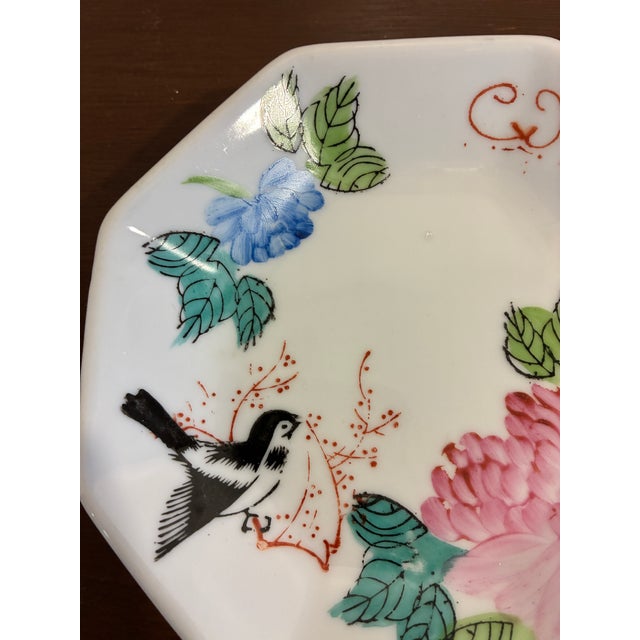 Vintage f.s. Louie Berkeley Hand Painted Floral Bird Octagonal Trinket Dish For Sale - Image 4 of 9