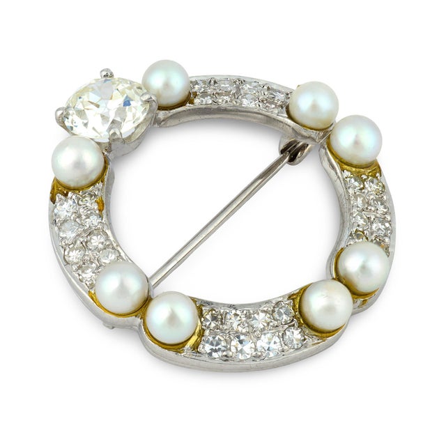 1910s Edwardian Diamond Pearl Platinum Brooch For Sale - Image 4 of 6