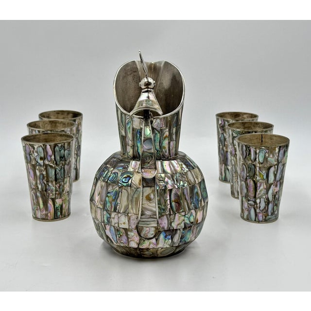 1960s 1960s Mexican Alpaca Silver & Abalone Bird of Paradise Pitcher Set - 7 pcs For Sale - Image 5 of 18