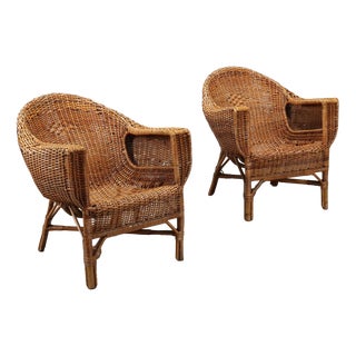 Wicker and Bamboo Lounge Chairs, 1950s, Set of 2 For Sale