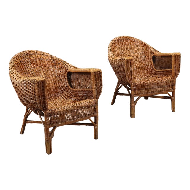Wicker and Bamboo Lounge Chairs, 1950s, Set of 2 For Sale