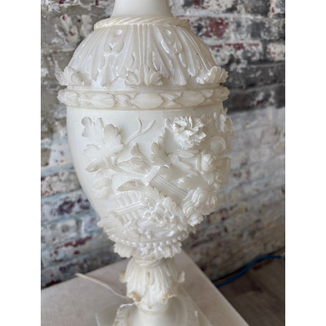 1950s Vintage Carved Alabaster Table Lamps - a Pair For Sale - Image 5 of 13