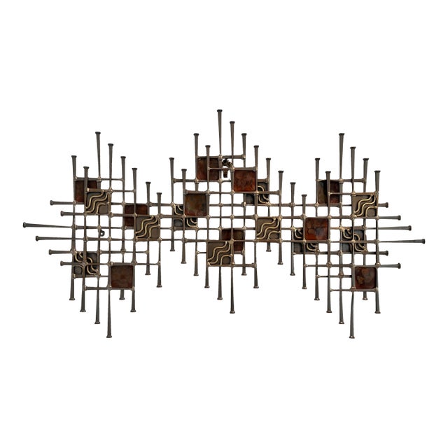 1970s Ron Schmidt Signed Brutalist Nail Art Mixed-Metal Wall Sculpture For Sale