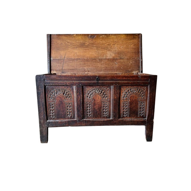 Brown 17th Century English Carved Oak Three-Panel Coffer, 1650 For Sale - Image 8 of 11