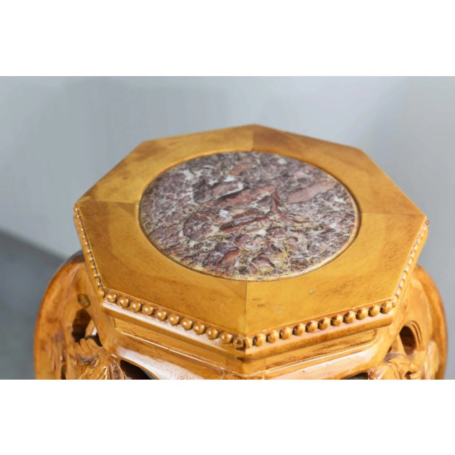 Mid Century Chinoiserie Carved Wood Marble Top Plant Stand Pedestal Table - a Pair For Sale In Chicago - Image 6 of 12