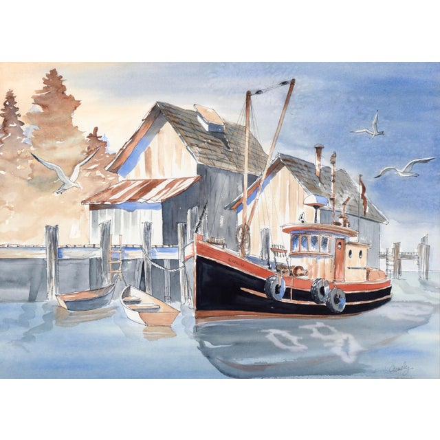 "The Lulu" - Harbor Seascape in Watercolor on Paper Serene watercolor titled "The Lulu" by Anne Ormsby (American, 20th...