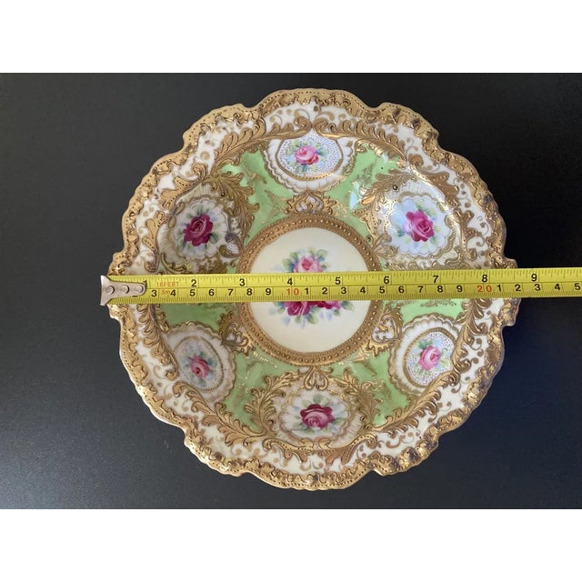Early 20th Century Hand Painted Gold Nippon Green Floral Victorian Roses Porcelain Bowl, Japan For Sale - Image 9 of 12