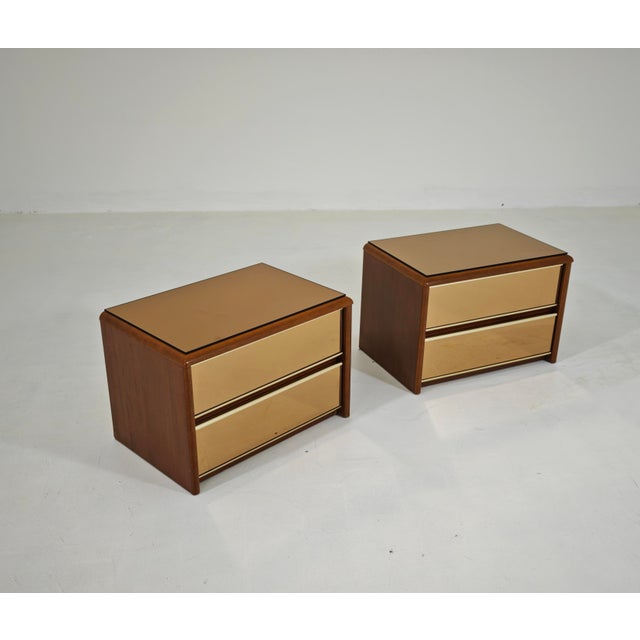 Vintage Bedside Tables in Wood and Bronzed Mirrored Glass, 1970s, Set of 2 For Sale - Image 12 of 18