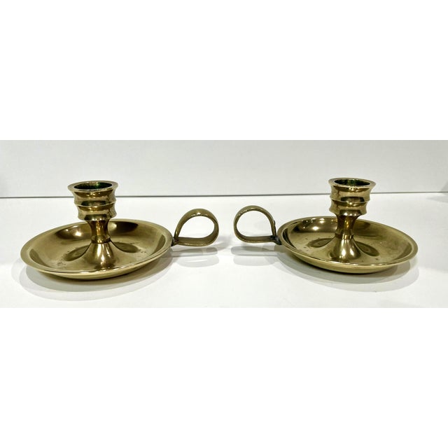 Traditional Pair of Vintage Brass Chamberstick Candle Holders For Sale - Image 3 of 5